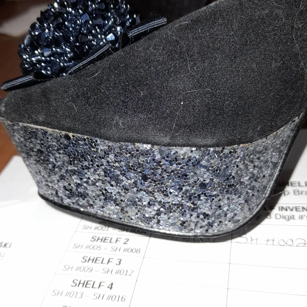WOMENS ALDO BRAND HIGH HEEL OPEN TOE POM POM SEQUIN SHOES - Picture 10 of 10